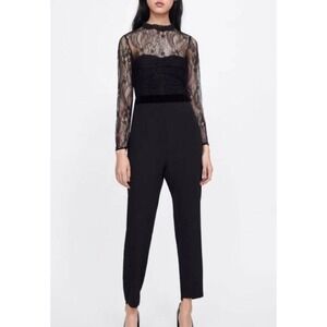 Zara‎ Black Jumpsuit Medium Lace Mesh Contrast Sweetheart Neck Sheer Whimsigoth